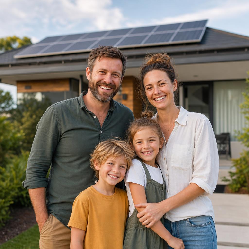 A happy family smiling outside their home with rooftop solar
