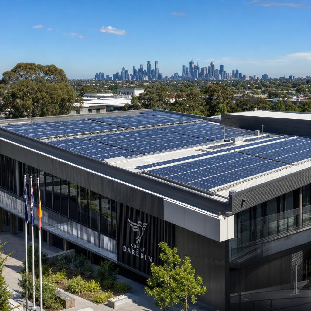 Government building with rooftop solar panels