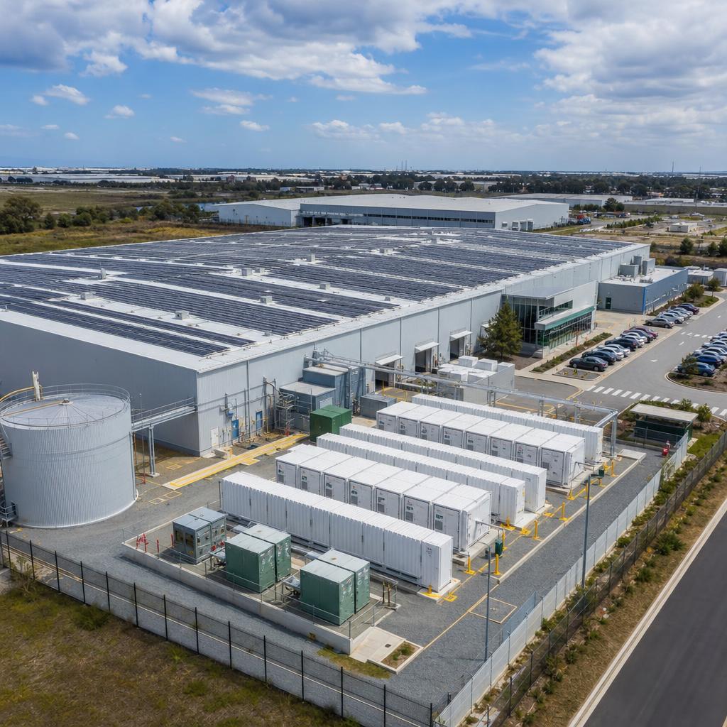 Industrial warehouse with large rooftop solar array